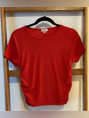 Bright Red Short Sleeve Tee With Synching on the Sides